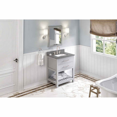 Image of Escape to the seaside with the Wavecrest vanity. Crisp, clean edges and a slatted bottom shelf evoke a coastal calm feeling.