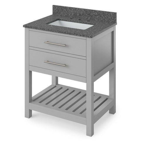 Image of Details of the 30" Grey Wavecrest Vanity, Boulder Cultured Marble Vanity Top, undermount rectangle bowl by Jeffrey Alexander | VKITWAV30GRBOR