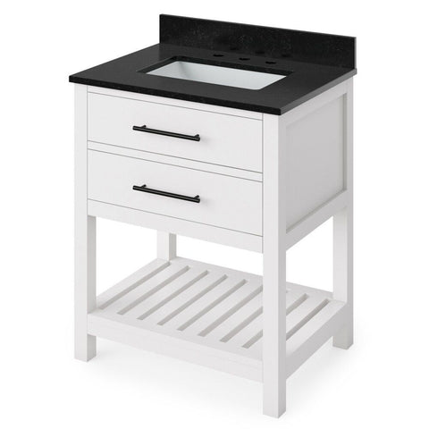 Image of Details of the 30" White Wavecrest Vanity, Black Granite Vanity Top, undermount rectangle bowl by Jeffrey Alexander | VKITWAV30WHBGR