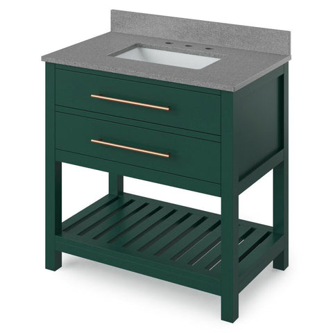 Image of Details of the 36" Forest Green Wavecrest Vanity, Steel Grey Cultured Marble Vanity Top, undermount rectangle bowl by Jeffrey Alexander | VKITWAV36GNSGR