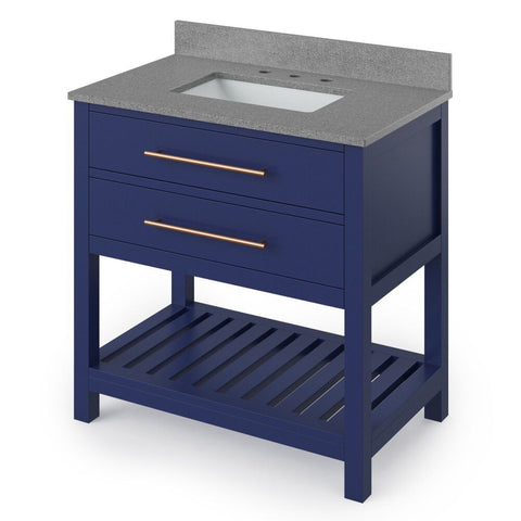 Image of Details of the 36" Hale Blue Wavecrest Vanity, Steel Grey Cultured Marble Vanity Top, undermount rectangle bowl by Jeffrey Alexander | VKITWAV36BLSGR