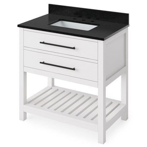 Image of Details of the 36" White Wavecrest Vanity, Black Granite Vanity Top, undermount rectangle bowl by Jeffrey Alexander | VKITWAV36WHBGR