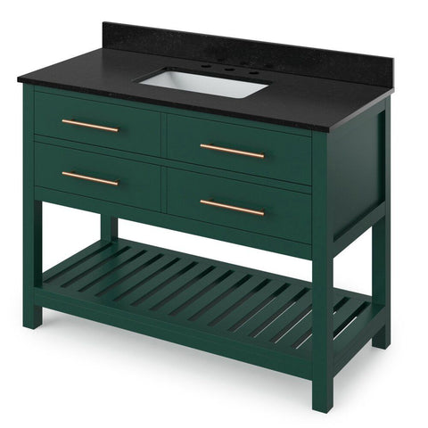 Image of Details of the 48" Forest Green Wavecrest Vanity, Black Granite Vanity Top, undermount rectangle bowl by Jeffrey Alexander | VKITWAV48GNBGR