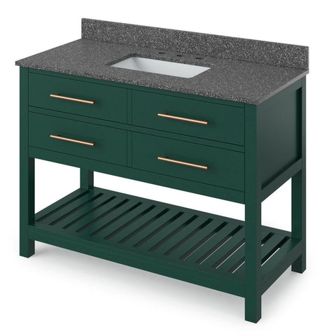 Image of Details of the 48" Forest Green Wavecrest Vanity, Steel Grey Cultured Marble Vanity Top, undermount rectangle bowl by Jeffrey Alexander | VKITWAV48GNSGR