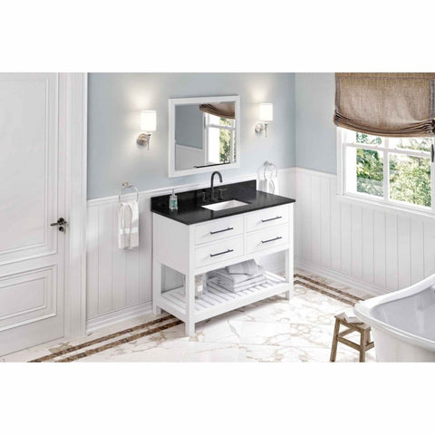 Image of Escape to the seaside with the Wavecrest vanity. Crisp, clean edges and a slatted bottom shelf evoke a coastal calm feeling.