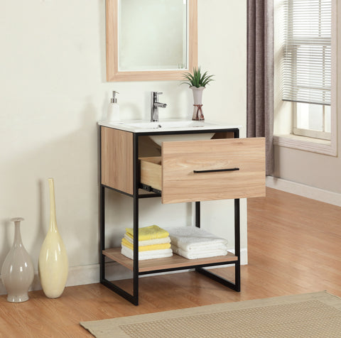 Image of 24" MAPLE FINISH SINK VANITY WITH BLACK METAL FRAME WH7024-GB