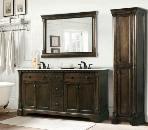 Image of 60" ANTIQUE COFFEE SINK VANITY WITH CARRARA WHITE TOP AND MATCHING BACKSPLASH WITHOUT FAUCET WLF6036-60"
