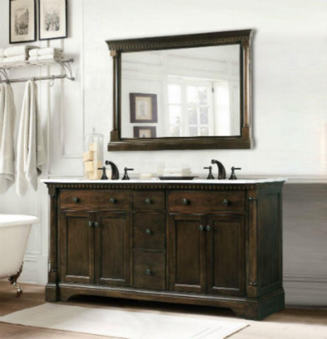Image of 60" ANTIQUE COFFEE SINK VANITY WITH CARRARA WHITE TOP AND MATCHING BACKSPLASH WITHOUT FAUCET WLF6036-60"