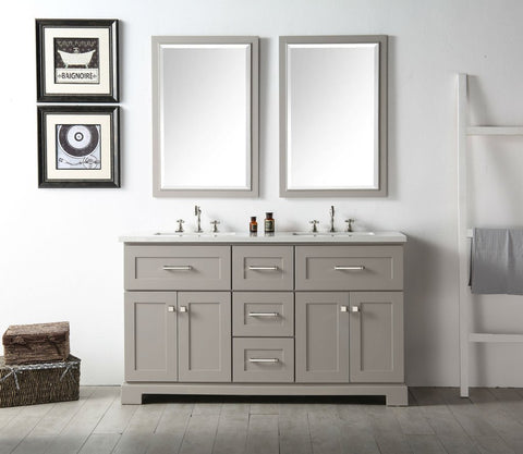 Image of 60" WOOD SINK VANITY WITH QUARTZ OP-NO FAUCET IN WARM GREY WH7660-WG