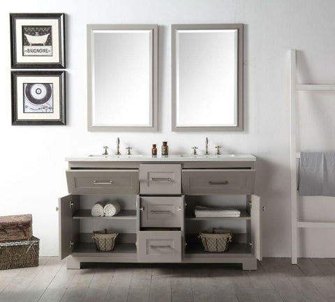 Image of 60" WOOD SINK VANITY WITH QUARTZ OP-NO FAUCET IN WARM GREY WH7660-WG