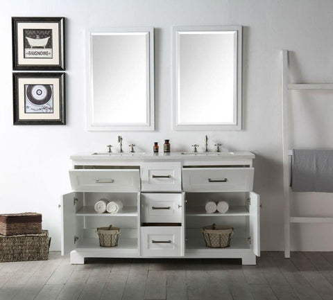 Image of 60" WOOD SINK VANITY WITH QUARTZ OP-NO FAUCET IN WHITE WH7660-W