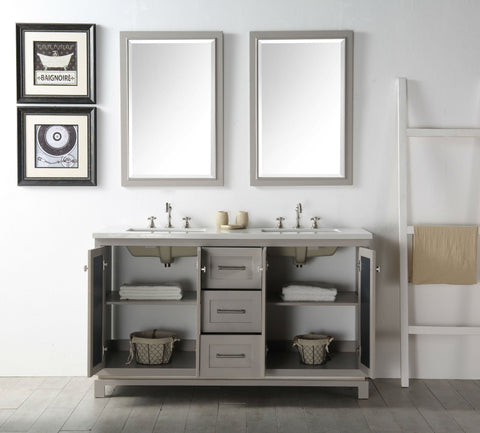 Image of 60" WOOD SINK VANITY WITH QUARTZ TOP-NO FAUCET IN WARM GREY WH7460-WG