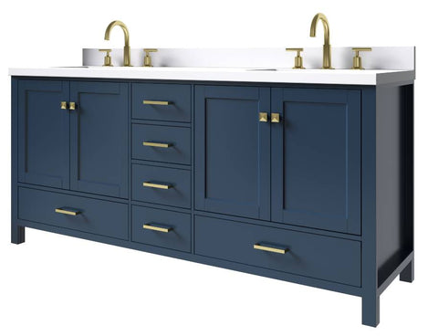Image of Ariel Cambridge Midnight Blue Transitional 73" Double Rectangle Sink Vanity w/ White Quartz Countertop | A073DWQRVOMNB