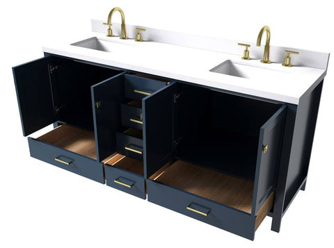 Image of Ariel Cambridge Midnight Blue Transitional 73" Double Rectangle Sink Vanity w/ White Quartz Countertop | A073DWQRVOMNB