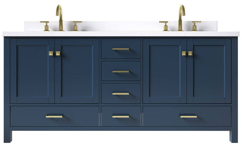 Image of Ariel Cambridge Midnight Blue Transitional 73" Double Rectangle Sink Vanity w/ White Quartz Countertop | A073DWQRVOMNB