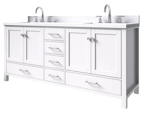 Image of Ariel Cambridge White Transitional 73" Double Rectangle Sink Vanity w/ White Quartz Countertop | A073DWQRVOWHT