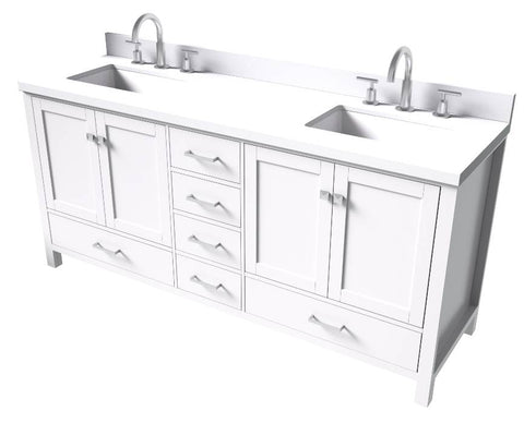 Image of Ariel Cambridge White Transitional 73" Double Rectangle Sink Vanity w/ White Quartz Countertop | A073DWQRVOWHT