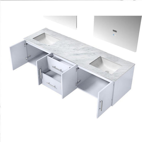 Image of Geneva Transitional Glossy White 72" Double Sink Vanity with 30" Led Mirrors | LG192272DMDSLM30