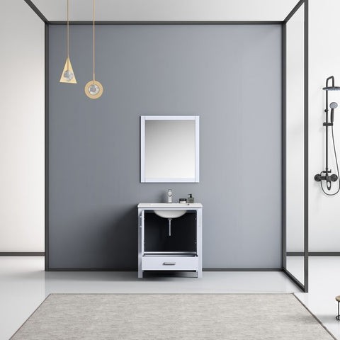 Image of Jacques 30" White Single Square Sink Vanity Set | White Carrara Marble Top and 28" Mirror | LJ342230SADSM28F