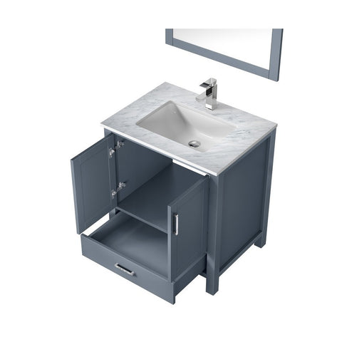 Image of Jacques 30" Dark Grey Single Square Sink Vanity Set | White Carrara Marble Top and 28" Mirror | LJ342230SBDSM28F