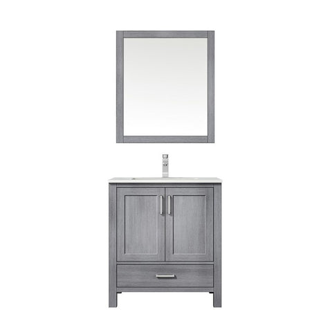 Image of Jacques 30" Distressed Grey Single Square Sink Vanity Set | White Carrara Marble Top and 28" Mirror | LJ342230SDDSM28F