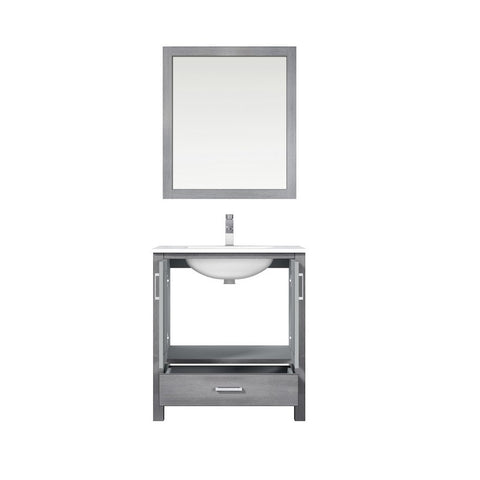 Image of Jacques 30" Distressed Grey Single Square Sink Vanity Set | White Carrara Marble Top and 28" Mirror | LJ342230SDDSM28F