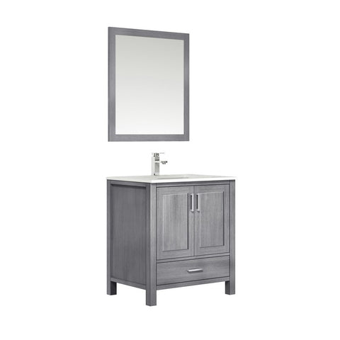 Image of Jacques 30" Distressed Grey Single Square Sink Vanity Set | White Carrara Marble Top and 28" Mirror | LJ342230SDDSM28F