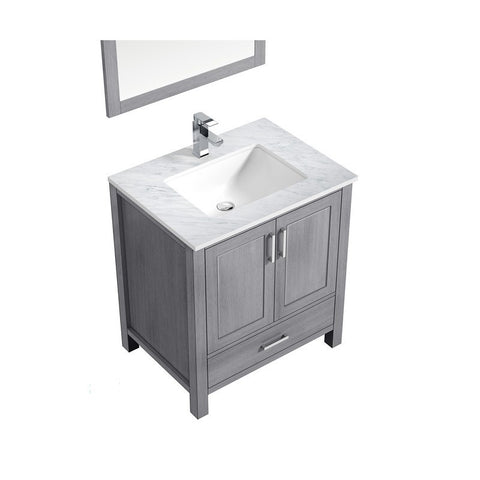 Image of Jacques 30" Distressed Grey Single Square Sink Vanity Set | White Carrara Marble Top and 28" Mirror | LJ342230SDDSM28F