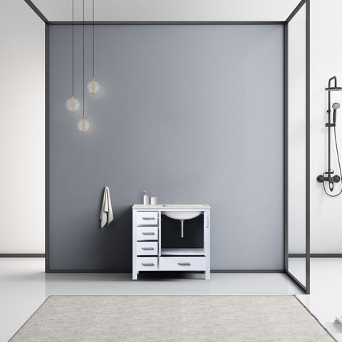 Image of Jacques 36" White Single Vanity, Carrara Marble Top - Right Version | LJ342236SADS000R