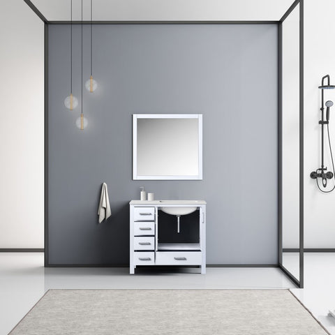 Image of Jacques 36" White Single Sink Vanity with White Carrara Marble Top - Right Version | LJ342236SADSM34R