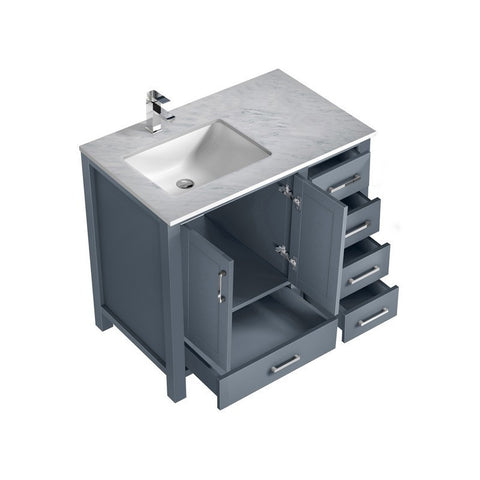Image of Jacques 36" Dark Grey Single Sink Vanity Set with White Carrara Marble Top - Left Version | LJ342236SBDSM34FL