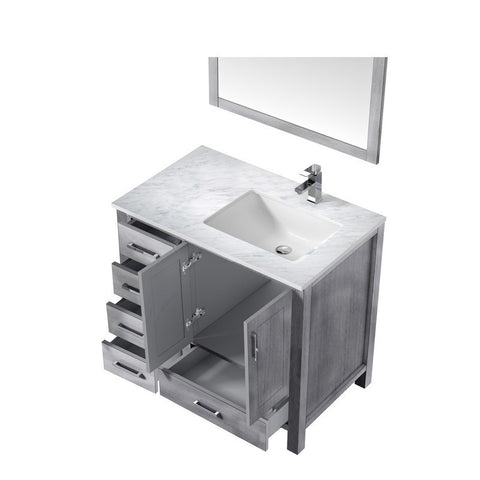 Image of Jacques 36" Distressed Grey Single Sink Vanity Set with White Carrara Marble Top - Right Version | LJ342236SDDSM34FR