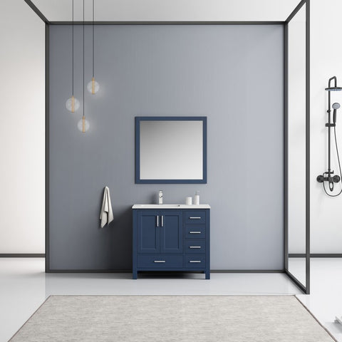 Image of Jacques 36" Navy Blue Single Sink Vanity Set with White Carrara Marble Top - Left Version | LJ342236SEDSM34FL