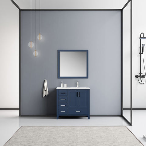 Image of Jacques 36" Navy Blue Single Sink Vanity Set with White Carrara Marble Top - Right Version | LJ342236SEDSM34FR