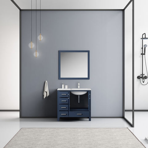 Image of Jacques 36" Navy Blue Single Sink Vanity Set with White Carrara Marble Top - Right Version | LJ342236SEDSM34FR