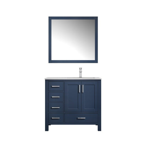 Image of Jacques 36" Navy Blue Single Sink Vanity Set with White Carrara Marble Top - Right Version | LJ342236SEDSM34FR