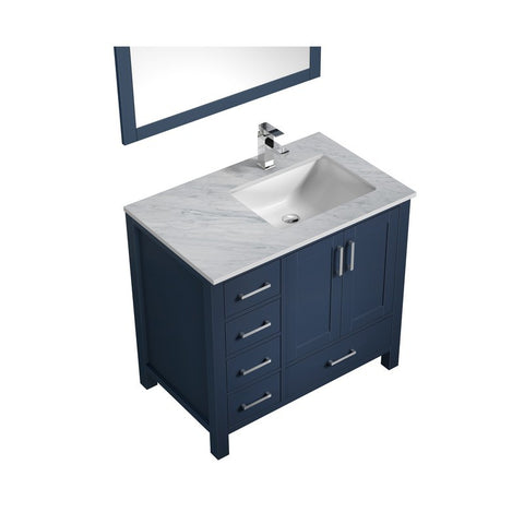Image of Jacques 36" Navy Blue Single Sink Vanity Set with White Carrara Marble Top - Right Version | LJ342236SEDSM34FR