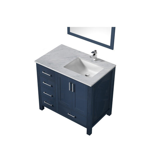 Image of Jacques 36" Navy Blue Single Sink Vanity Set with White Carrara Marble Top - Right Version | LJ342236SEDSM34FR