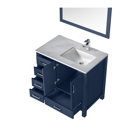 Image of Jacques 36" Navy Blue Single Sink Vanity Set with White Carrara Marble Top - Right Version | LJ342236SEDSM34FR