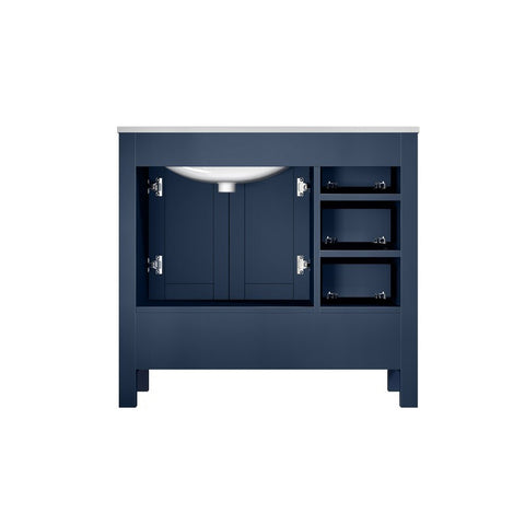 Image of Jacques 36" Navy Blue Single Sink Vanity Set with White Carrara Marble Top - Right Version | LJ342236SEDSM34FR