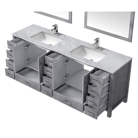 Image of Jacques 84" Distressed Grey Double Sink Vanity Set with White Carrara Marble Top | LJ342284DDDSM34F