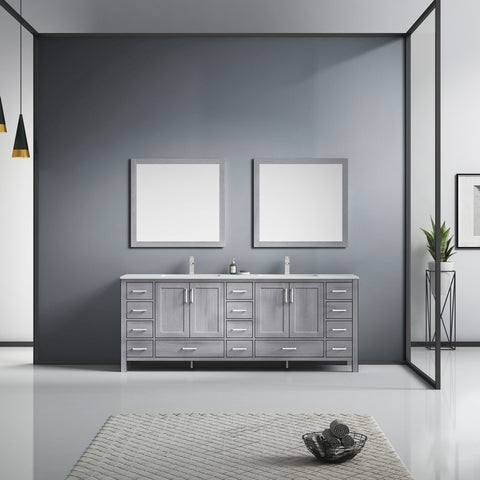 Image of Jacques 84" Distressed Grey Double Sink Vanity Set with White Carrara Marble Top | LJ342284DDDSM34F