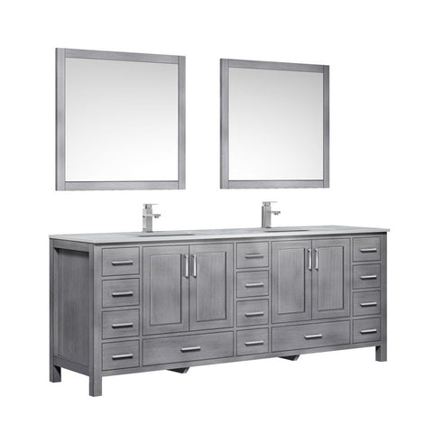 Image of Jacques 84" Distressed Grey Double Sink Vanity Set with White Carrara Marble Top | LJ342284DDDSM34F