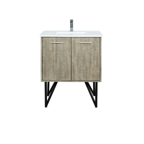 Image of Lexora Lancy Modern Rustic Acacia 30" Square Sink Bathroom Vanity w/ White Quartz Top and Labaro Brushed Nickel Faucet | LLC30SKSOS000FBN