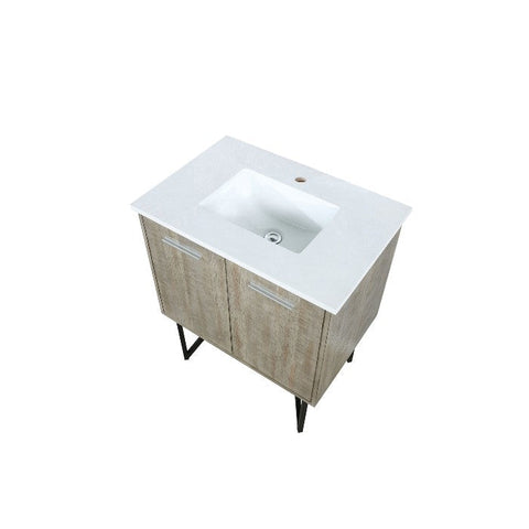 Image of Lexora Lancy Modern Rustic Acacia 30" Square Sink Bathroom Vanity w/ White Quartz Top and Balzani Gun Metal Faucet | LLC30SKSOS000FGM