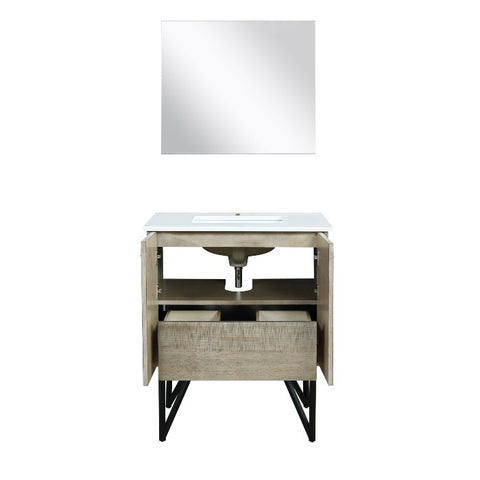 Image of Lexora Lancy Modern 30" Rustic Acacia Bathroom Vanity w/ White Quartz Top, and 28" Frameless Mirror | LLC30SKSOSM28