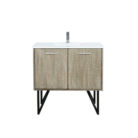 Image of Lexora Lancy Modern Rustic Acacia 36" Square Sink Bathroom Vanity w/ White Quartz Top and Labaro Brushed Nickel Faucet | LLC36SKSOS000FBN