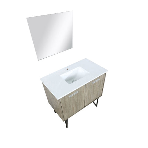 Image of Lexora Lancy Modern 36" Rustic Acacia Bathroom Vanity w/ White Quartz Top, and 28" Frameless Mirror | LLC36SKSOSM28
