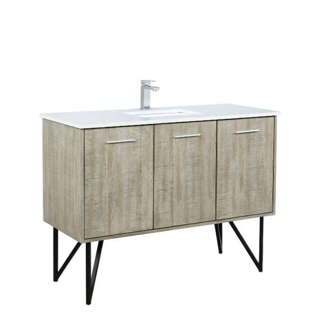 Image of Lexora Lancy Modern Rustic Acacia 48" Square Sink Bathroom Vanity w/ White Quartz Top and Balzani Gun Metal Faucet | LLC48SKSOS000FGM