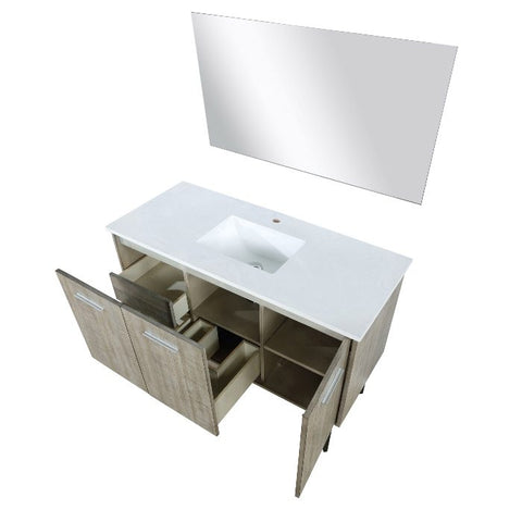Image of Lexora Lancy Modern 48" Rustic Acacia Bathroom Vanity w/ White Quartz Top, and 43" Frameless Mirror | LLC48SKSOSM43